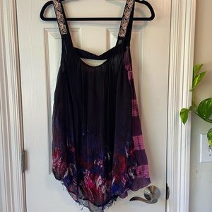 Free People Tank Watercolor Tiedye purple embroidered drawstring. Size Medium